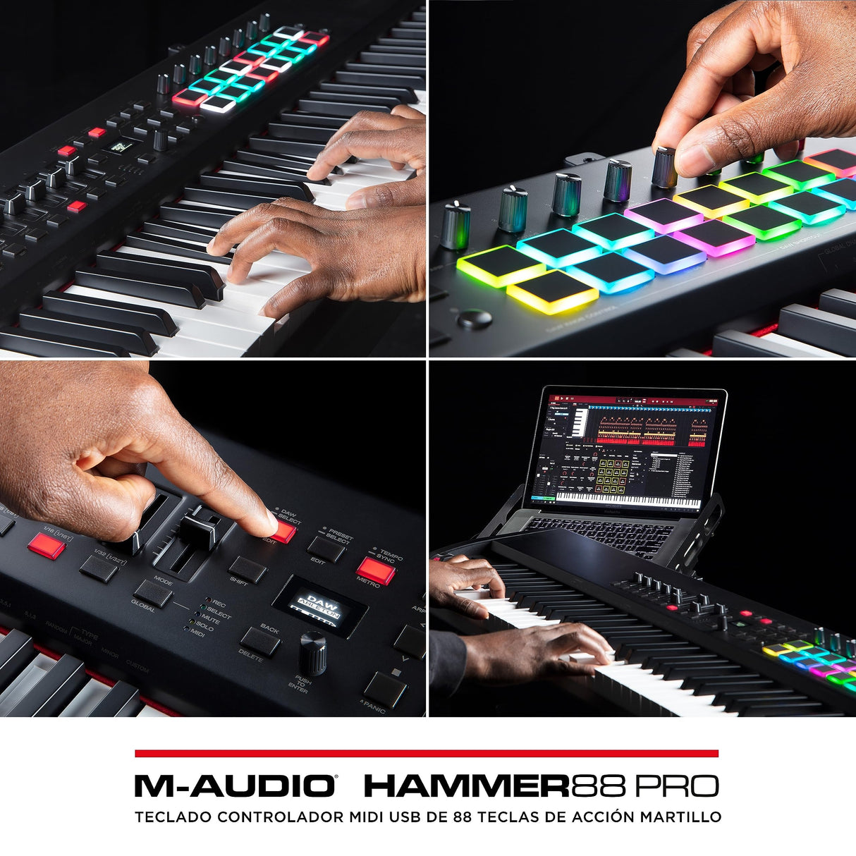 M-Audio Hammer 88 Pro – Teclado controlador MIDI USB con 88 teclas ponderadas de acción martillo, pads de ritmos, controles asignables MIDI y software