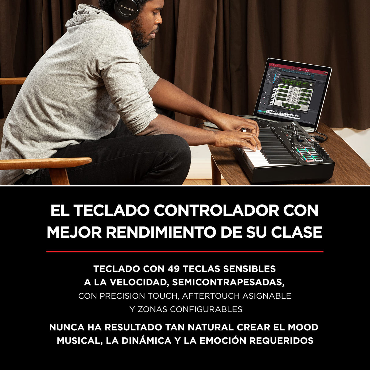 M-Audio Oxygen Pro 49 - teclado controlador MIDI USB con 49 teclas, beat pads, perillas asignables de MIDI, botones y faders, más pack de sonidos de Native Instruments (integración de NKS)