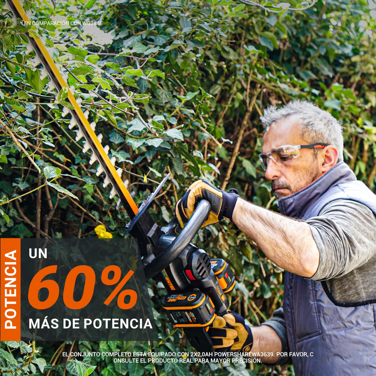 WORX Cortasetos a batería | WG286E | 40v Máx. | 2 Baterías de 20V y 2Ah | Pisajismo y jardineria