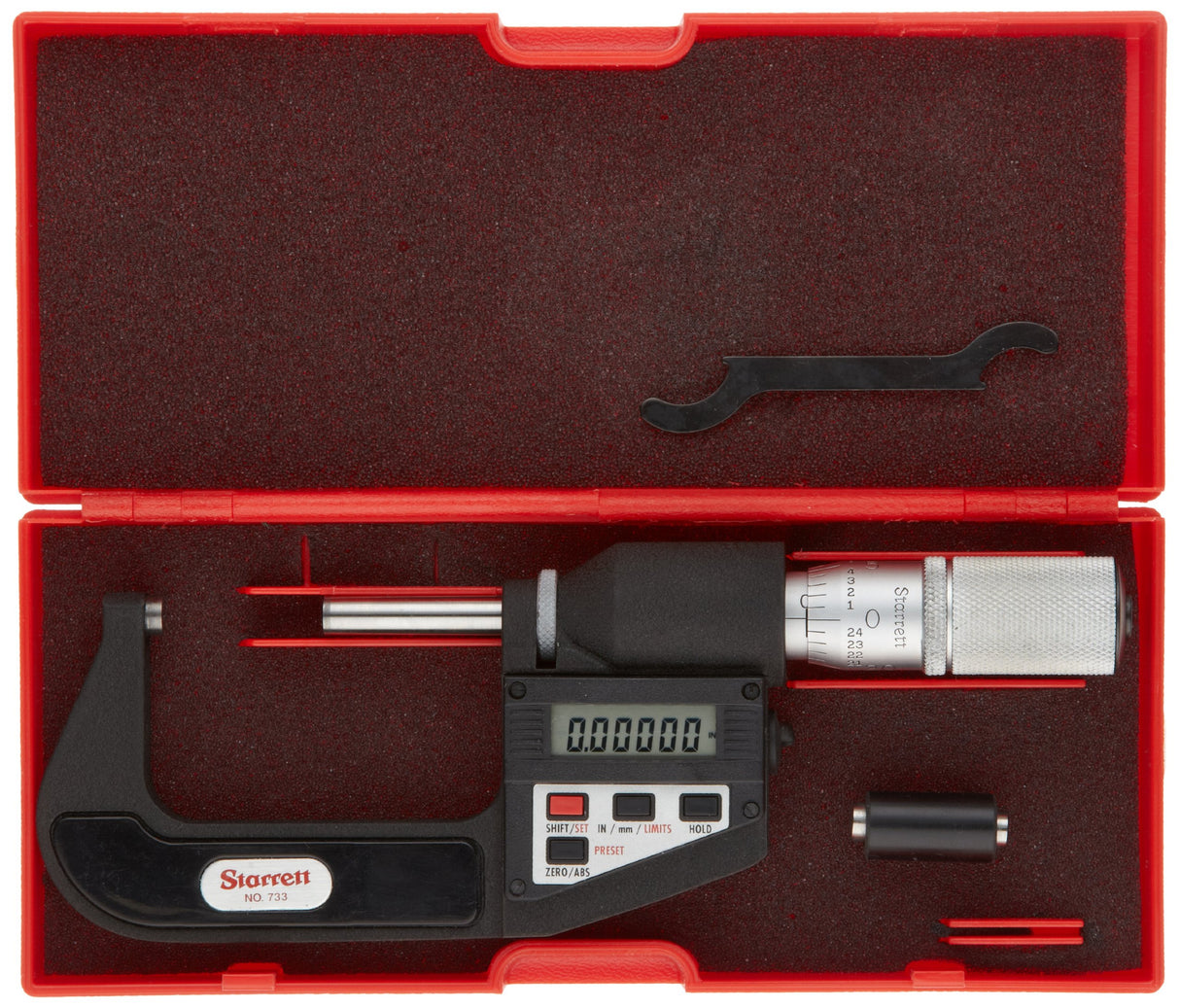 Starrett 733XFLZ-14 - Micrómetro de exterior con pantalla LCD, dedal de fricción, tuerca de bloqueo, carburo de carburo, rango de 33 a 35 cm, graduación de 0,0001 pulgadas, precisión de +/-0,0003 pulgadas