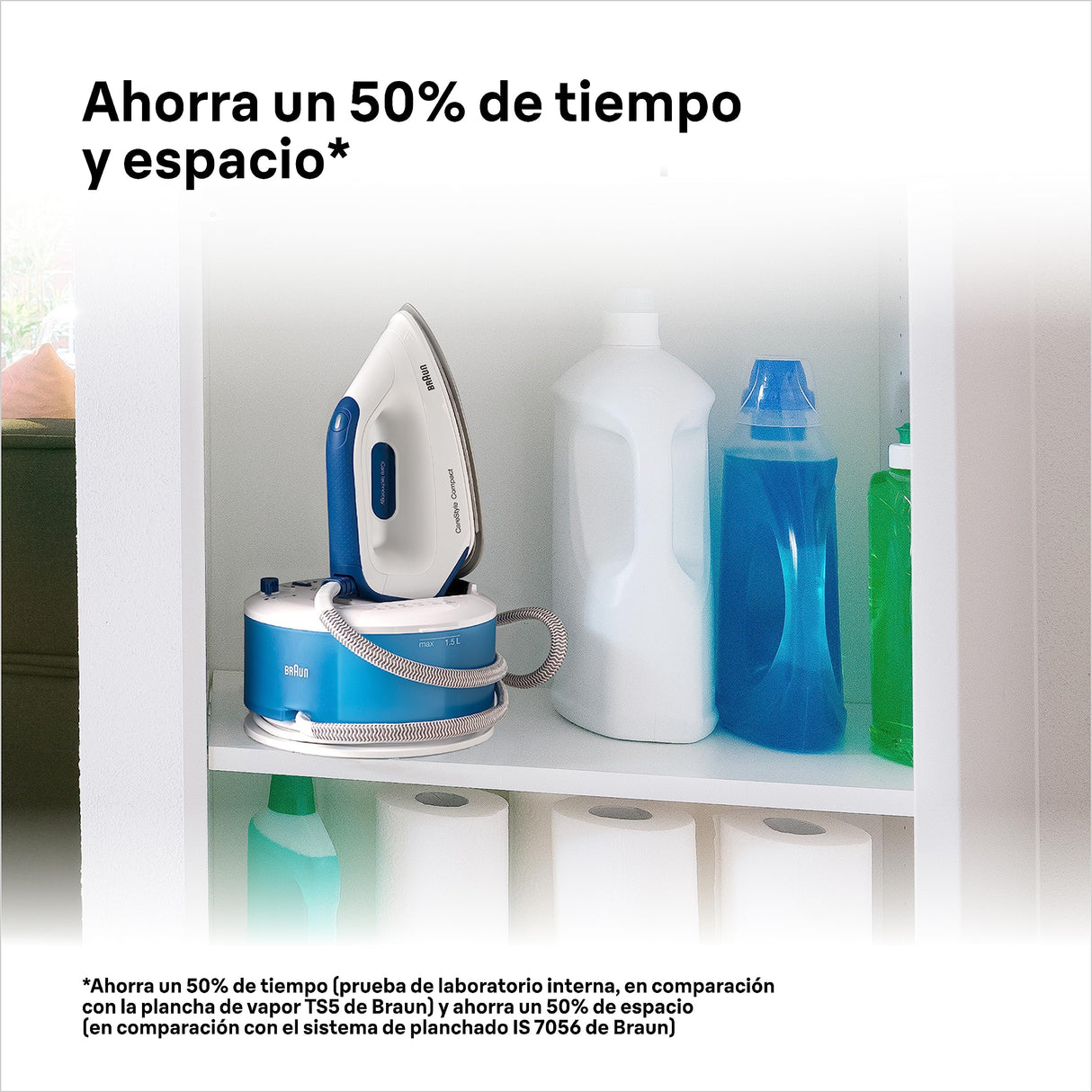 Braun CareStyle Compact Steam Generator, Plancha de Vapor con Suela FreeGlide 3D, Presión de 6 bar, Gran Depósito de Agua de 1,5 l, Función Eco, IS2143BL, Blanco Azul