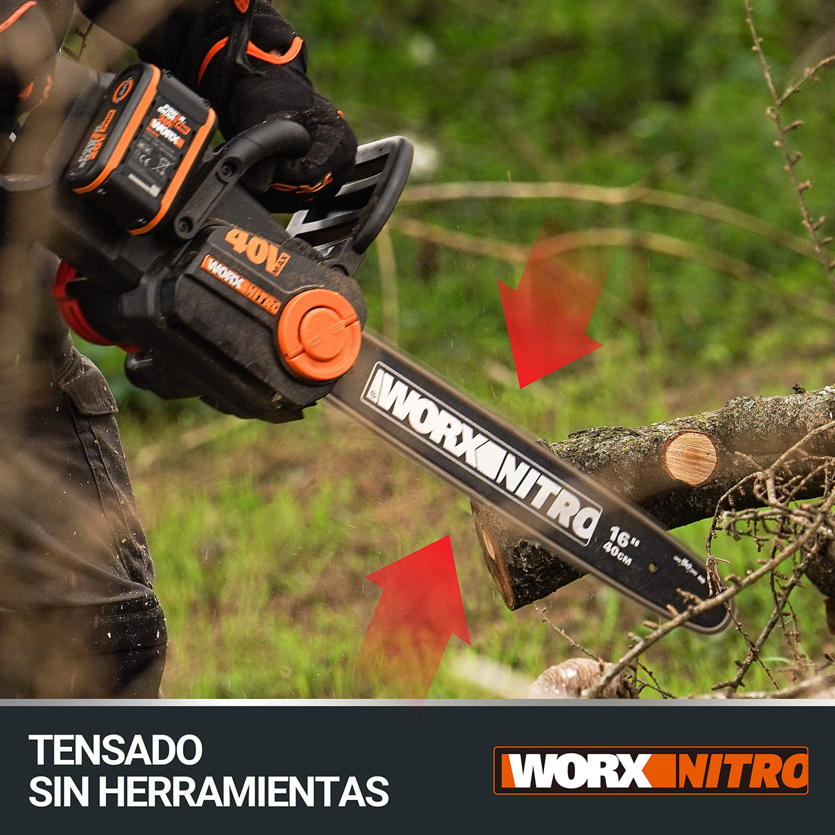 WORX Motosierra Nitro 40V (2x20V) | PowerShare | WG385E.9 | No incluye batería ni cargador | Motor Brushless | Espada 40 cm | Freno de cadena y lubricado automático