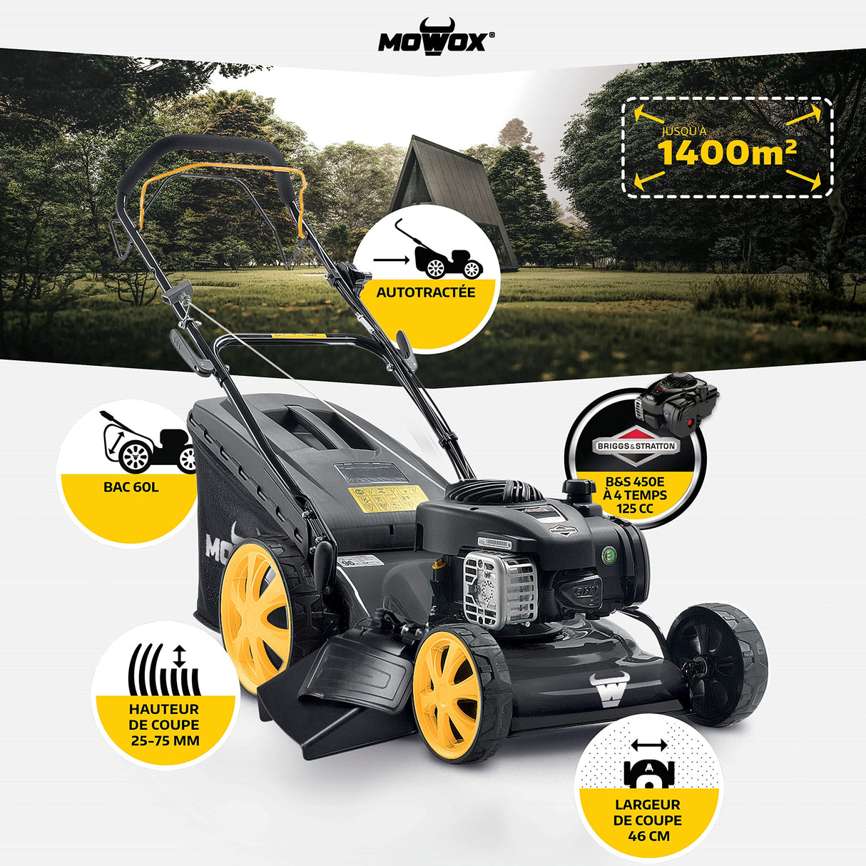 Mowox CORTACÉSPED Gasolina AUTOPROPULSADO, 46 CM Ancho DE Corte. Motor Briggs&Stratton 450 E 125 CC