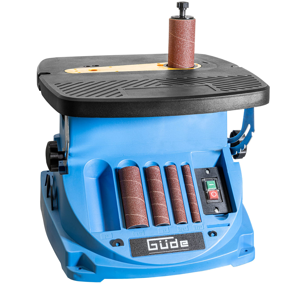 Güde GSBSM 450 - Lijadora de banda de husillo (450 W, 2000 1/min, oscilante, para superficies interiores y exteriores, sin herramientas, mesa regulable de 0° a 45°, incluye numerosos accesorios)