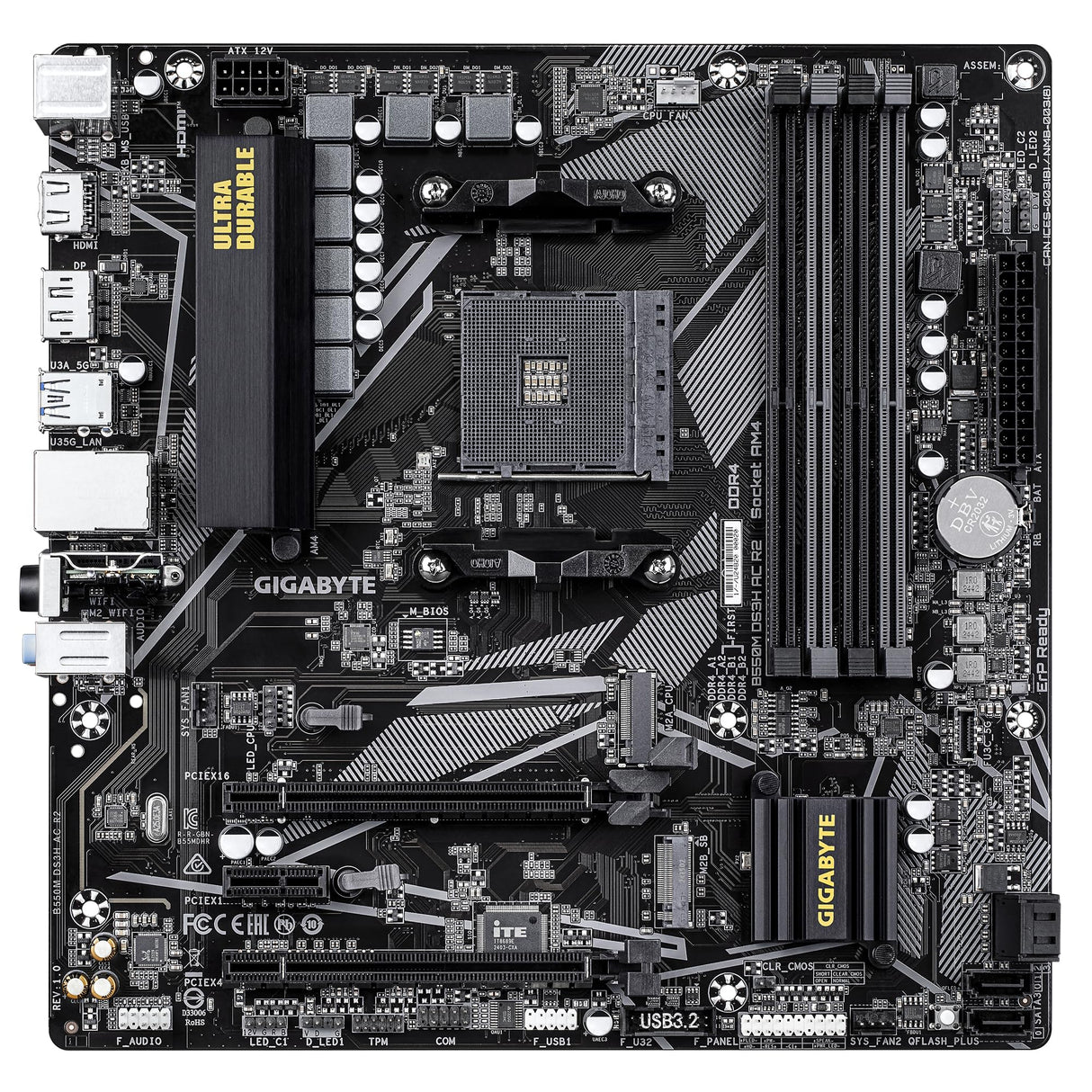 GIGABYTE B550M DS3H AC R2 Placa Base - Procesadores AMD Ryzen 5000, VRM de 5+3 Fases, hasta 4733 MHz DDR4 (O.C.), 1x M.2 PCIe 4.0 + 1x M.2 PCIe 3.0, Wi-Fi 5, LAN 1 GbE, USB 3.2 Gen 1