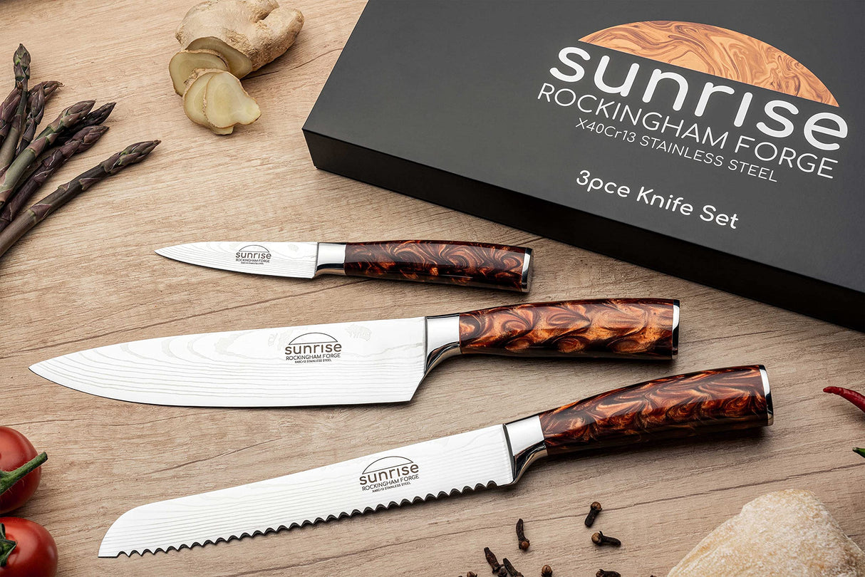 Rockingham Forge Juego de Cuchillos de Cocina de 3 Piezas, Serie Sunrise, Marrón Ambarino – Cuchillo de Cocinero, Cuchillo Para Pelar, Cuchillo Para Pan, RF-2130/3BR