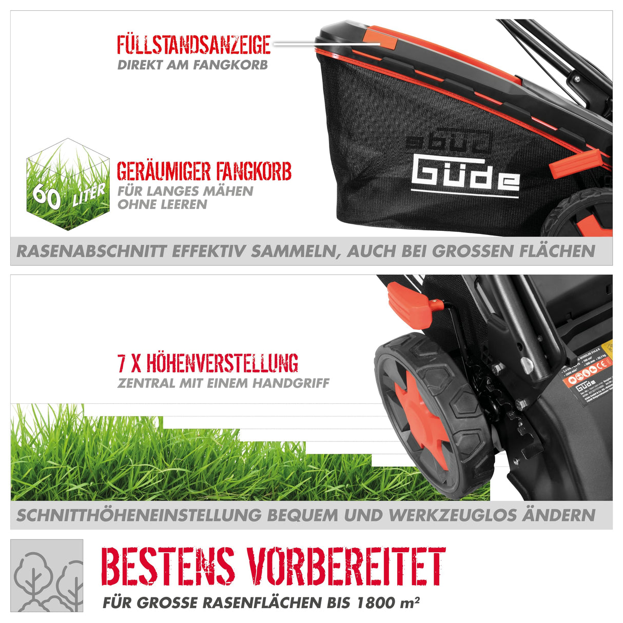 Cortacésped Güde Big Wheeler 514.6 R (Motor de Motor de 4 Tiempos, 3,4/4,6 (kW/PS), Ancho de Corte 508 mm)