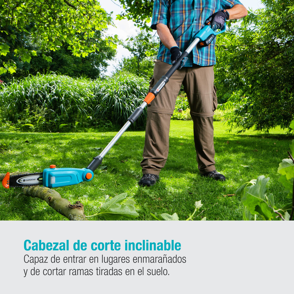 Gardena Set Ready-To-Use de podadora telescópica a batería TCS 20/18V P4A: sierra de mano hasta 4 m, 20 cm longitud de espada, cabezal flexible, inc. batería P4A 18 V y correa de transporte (14770-20)