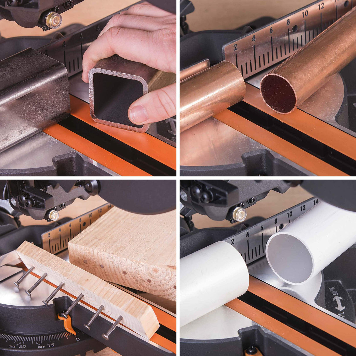 Evolution Power Tools - R210SMS-300+ Ingletadora deslizante multimaterial de 210 mm (230 V), con paquete plus, Corta acero dulce, aluminio, plástico, madera con clavos incrustados