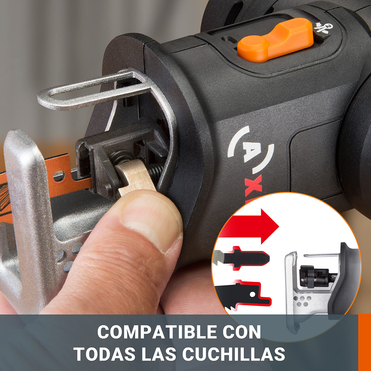 WORX WX550 Sierra sable y de calar 2 en 1 20V PowerShare, Batería 2Ah, Cambio de cuchilla sin herramientas, Velocidad variable, Negro, Naranja