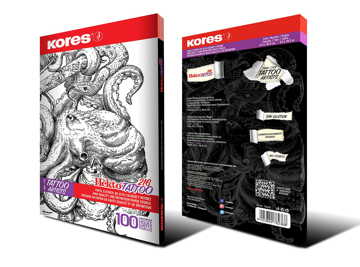 Kores - Papel de tatuaje - Hekto 216 - Papel de transferencia, plantilla con tinta morada para kit de tatuaje - No tóxico - Papel de plantilla de tatuaje - 21,5 x 36,8 cm - Caja de 100