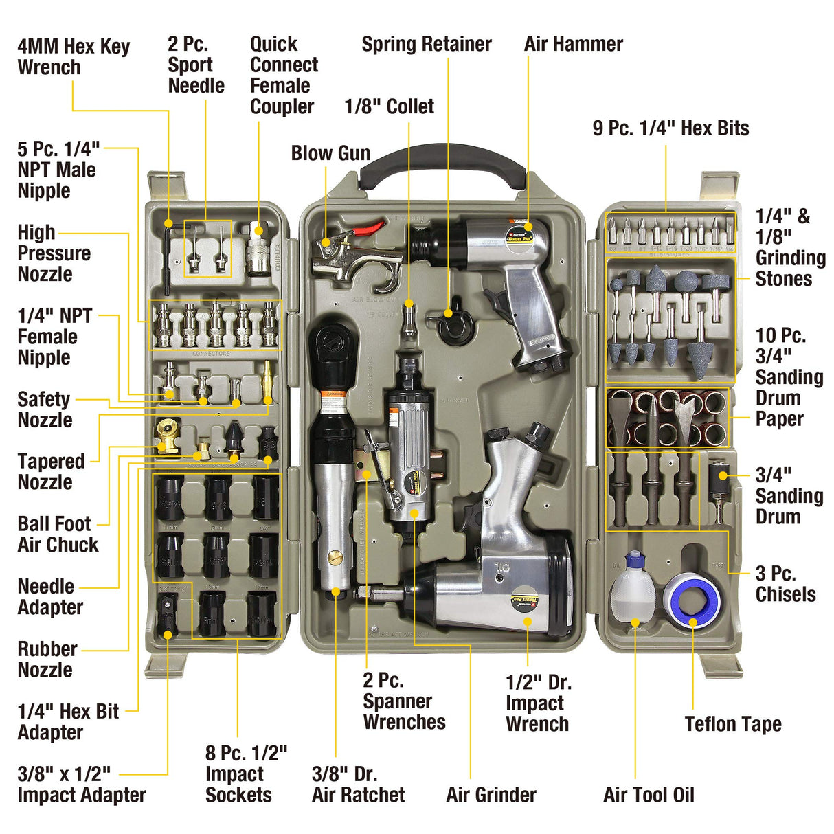 Trades Pro 836668 - Kit de herramientas y accesorios de aire, 71 piezas, llave de impacto, trinquete de aire, amoladora, martillo de aire, accesorios de manguera, estuche de almacenamiento