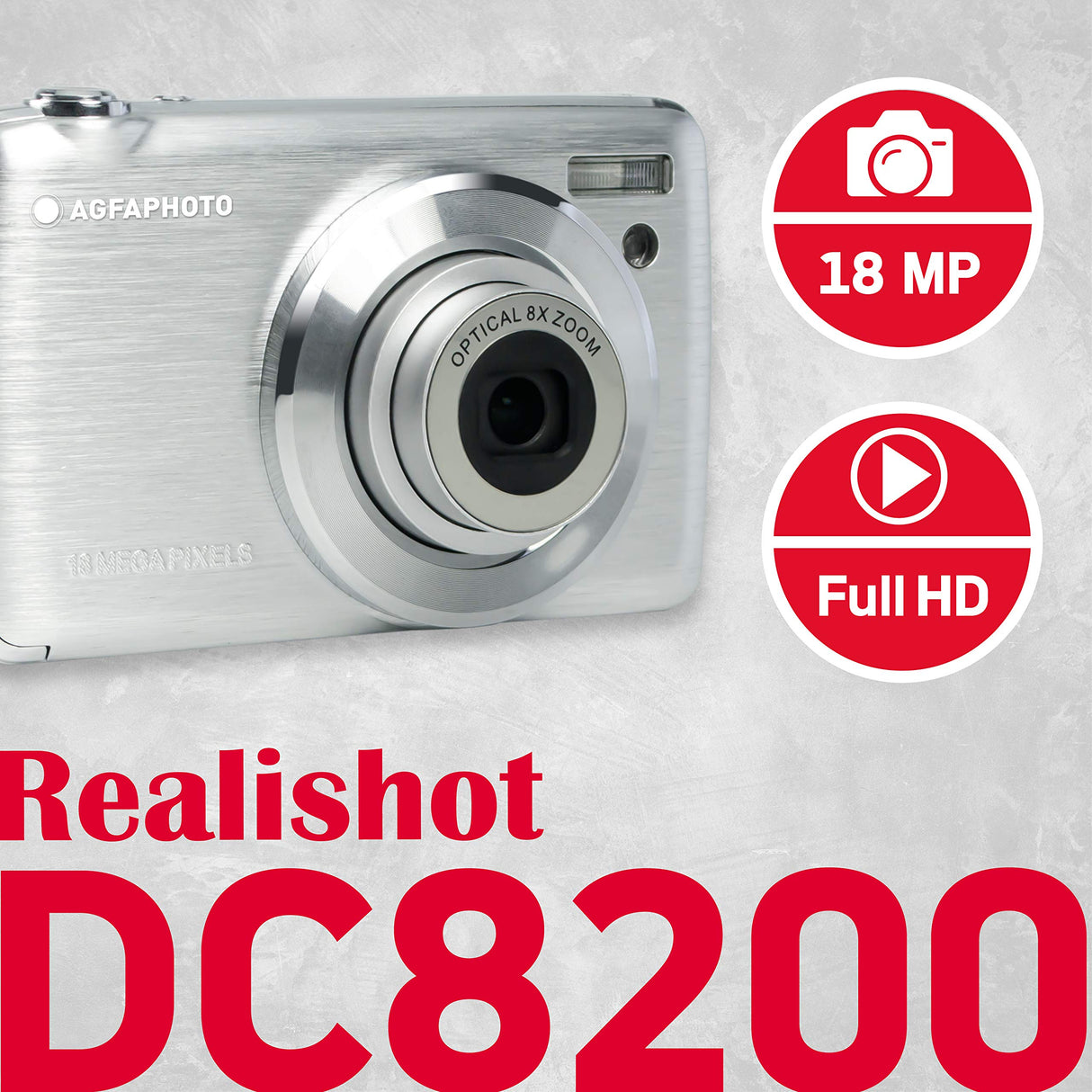 AGFA Photo Realishot DC8200 - Cámara Digital Compacta, 18MP, Video Full HD, Pantalla LCD 2.7'', Zoom Óptico 8X, Batería de Litio y Tarjeta SD de 16GB - Plata