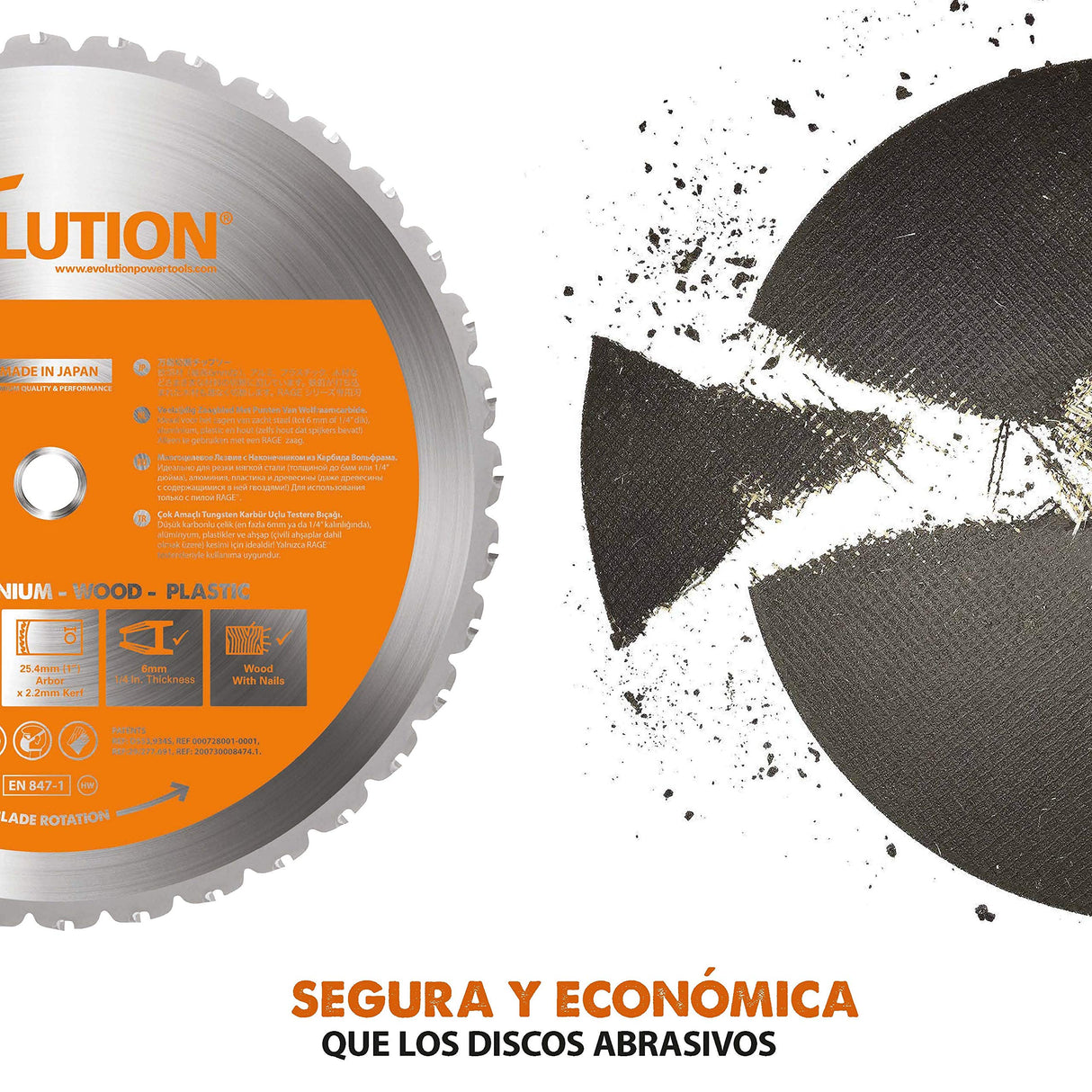 Evolution Power Tools - R355CPS Sierra tronzadora multimaterial, Corta acero dulce, aluminio, plástico, incluso madera con clavos incrustados, 355 mm