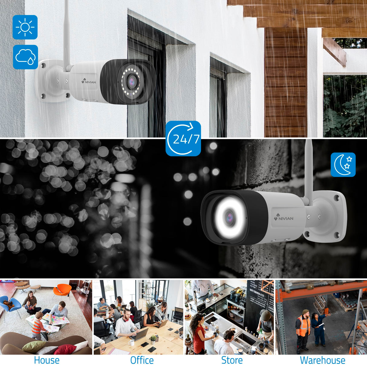 NIVIAN Kit Camaras de Vigilancia Profesional WiFi SuperHD con 4 Cámaras IP y Grabador con Disco Duro 10CH - para Casas y Negocios - Visión Nocturna, Detección Humana IA, Audio Bidireccional