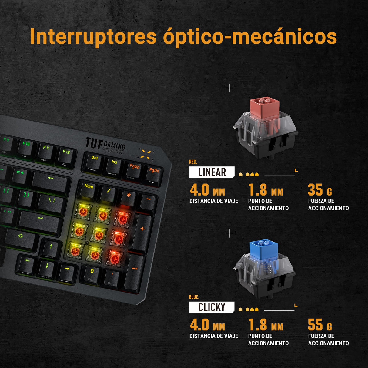 ASUS TUF Gaming K3 Gen II - Teclado Compacto de 98 Teclas, interruptores óptico-mecánicos RGB Red, Espuma amortiguadora, IP57, Placa Superior Desmontable y Aura Sync - Teclado QWERTY Español