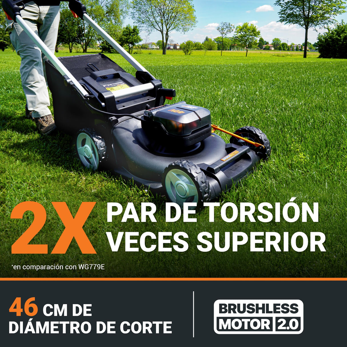 WORX - Cortacésped sin escobillas inalámbrico 20V-2*20V -4Ah - WG748E - Ø46cm - Hasta 500m² con una carga (Corta hasta los bordes, entregado con 2 baterías, un cargador, bolsa de 55 L, mulching)