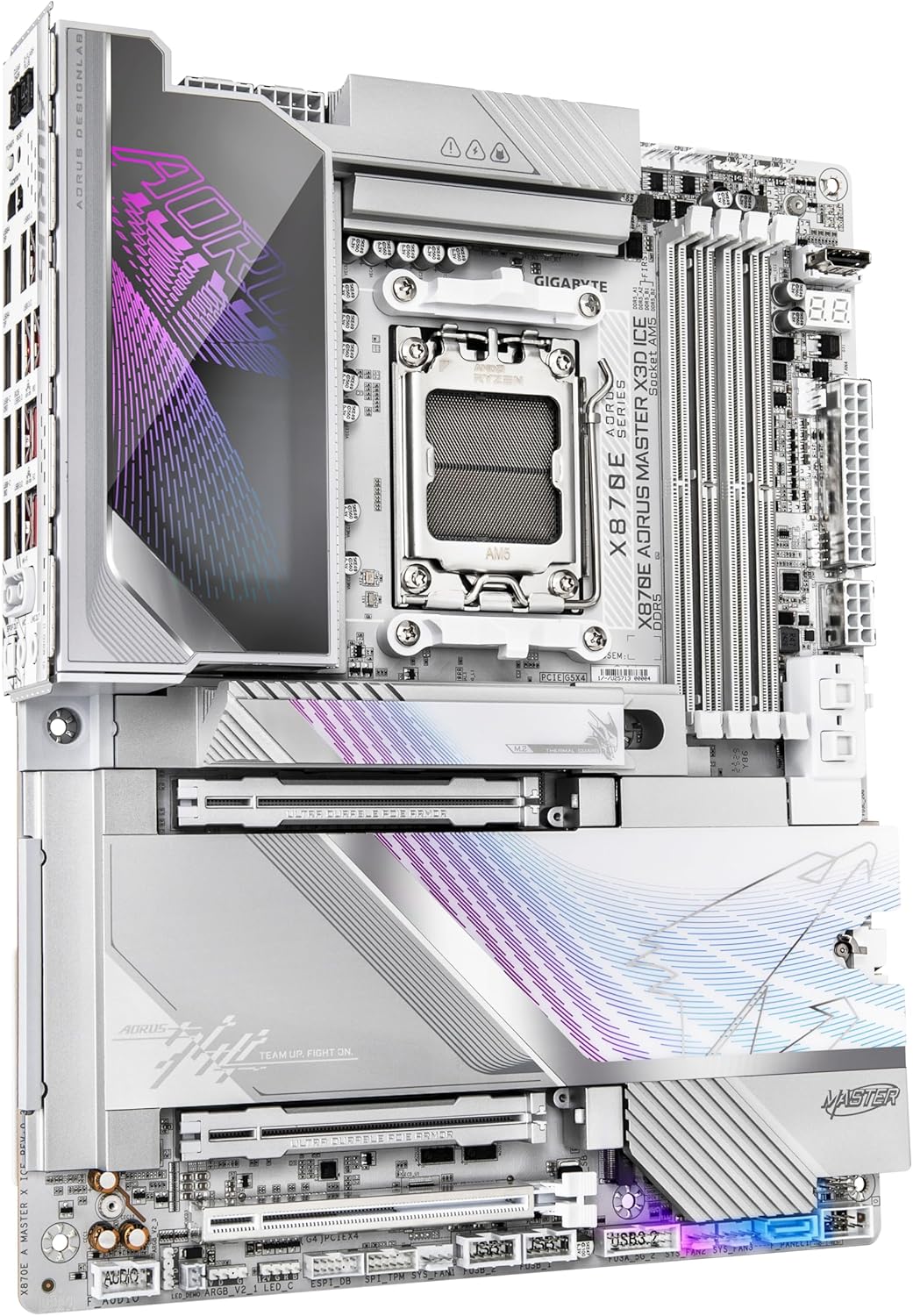 GIGABYTE X870E AORUS Master X3D Ice Placa Base – Compatible con procesadores AMD Ryzen 9000, VRM Digital de 18+2+2 Fases, hasta 9000 Hz DDR5 (OC), 2 x PCIe 5.0 + 3 x PCIe 4.0, Wi-Fi 7, LAN 10 GbE