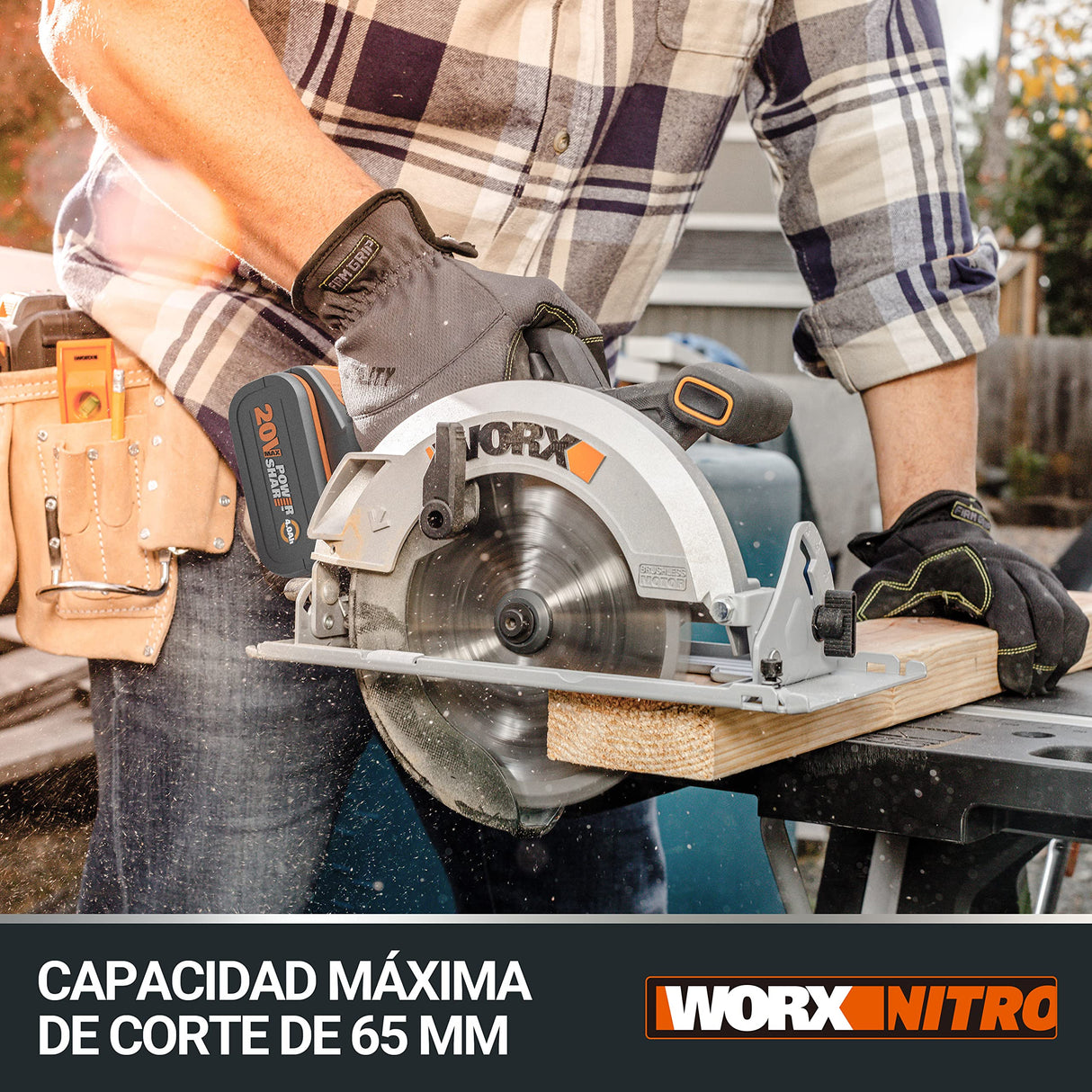 WORX Sierra circular Brushless 20V | PowerShare | WX520 | Incluye 1 batería 2Ah y cargador | Motor sin escobillas, corte a bisel, base de aluminio, empuñadura ergonómica