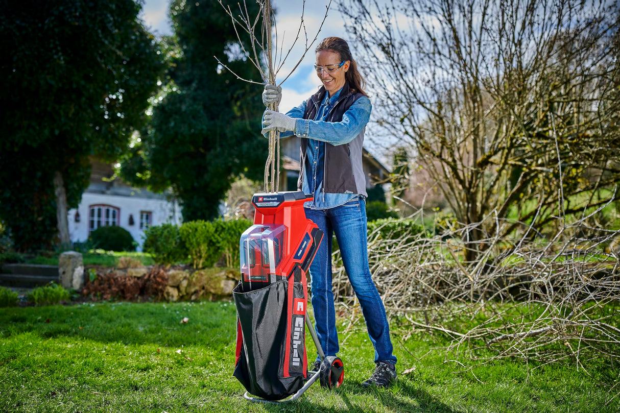 Einhell Trituradora de cuchillas con batería REDAXXO 36/25 Power X-Change (36V, máx. 25mm de grosor de rama, 3 cuchillas reversibles de acero, bolsa colectora de 55L, asa de transporte, prensador)