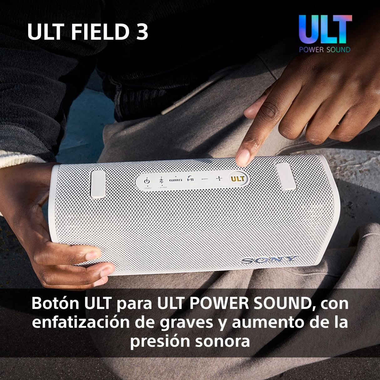 Sony ULT Field 3 - Altavoz Bluetooth portátil con ULT Power Sound, batería de 24 Horas, IP67, Resistente al Agua, al Polvo y a los Golpes, Correa Desmontable para el Hombro, Compacto - Blanco Marfil