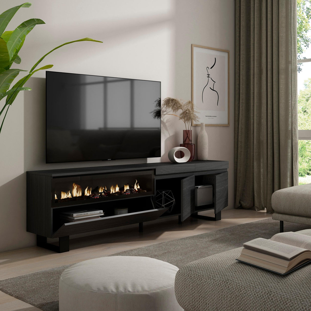 Skraut Home | Mueble TV | Televisión | Muebles de salón, almacenaje | 200x57x35cm | para TV hasta 80" | Chimenea eléctrica | Diseño Industrial | Estilo Moderno | Negro