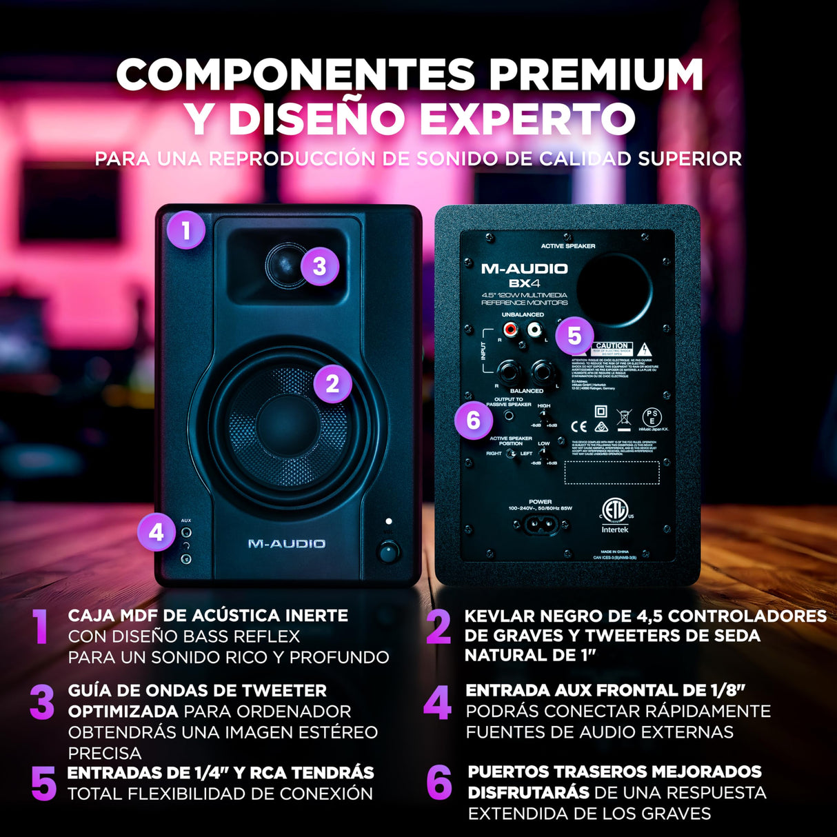 M-AUDIO BX4 Par 4.5" 120W Monitores de Estudio, Altavoces Autoamplificados para PC para videojuegos, producción musical, transmisiones en directo, podcast