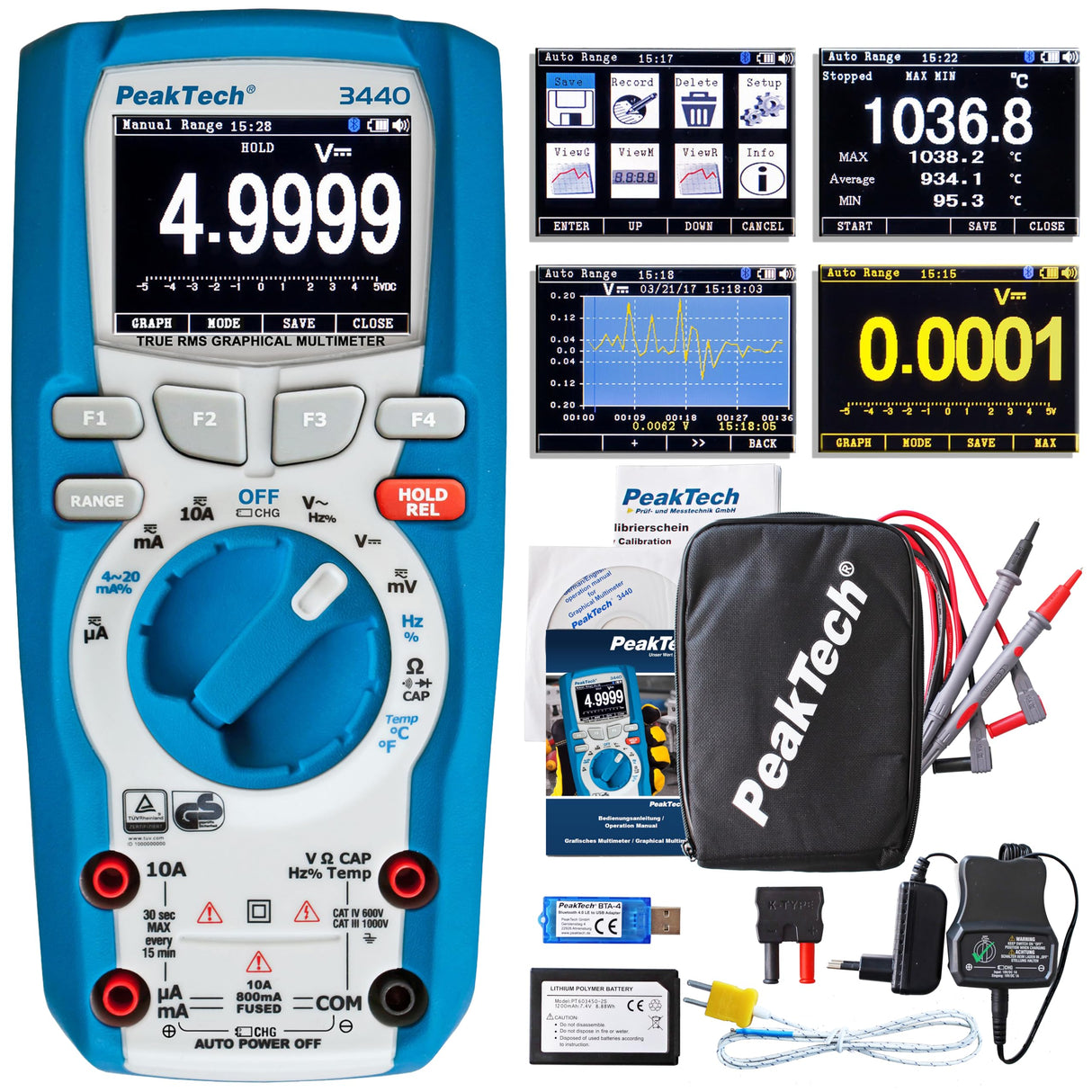 PeakTech 3440 - Multímetro Digital Rms con 4.0 Bluetooth y Pantalla Gráfica, 50000 Cuentas, Portátil Profesional, Tuv / Gs, Rango Automático Medidor de Voltaje, Probador de Continuidad - Cat III 1000V