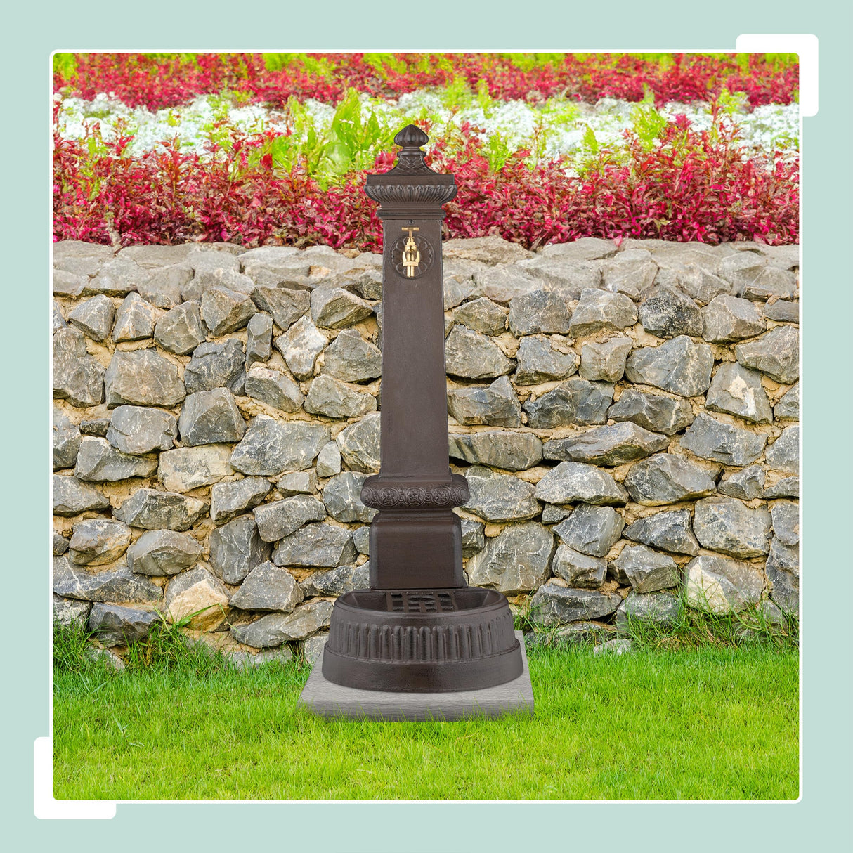 Relaxdays Fuente de Pie Antigua, con Grifo y Lavabo, 100x44,5x38cm, Bebedero Jardín, Terraza, Aluminio Fundido, Marrón, Acero