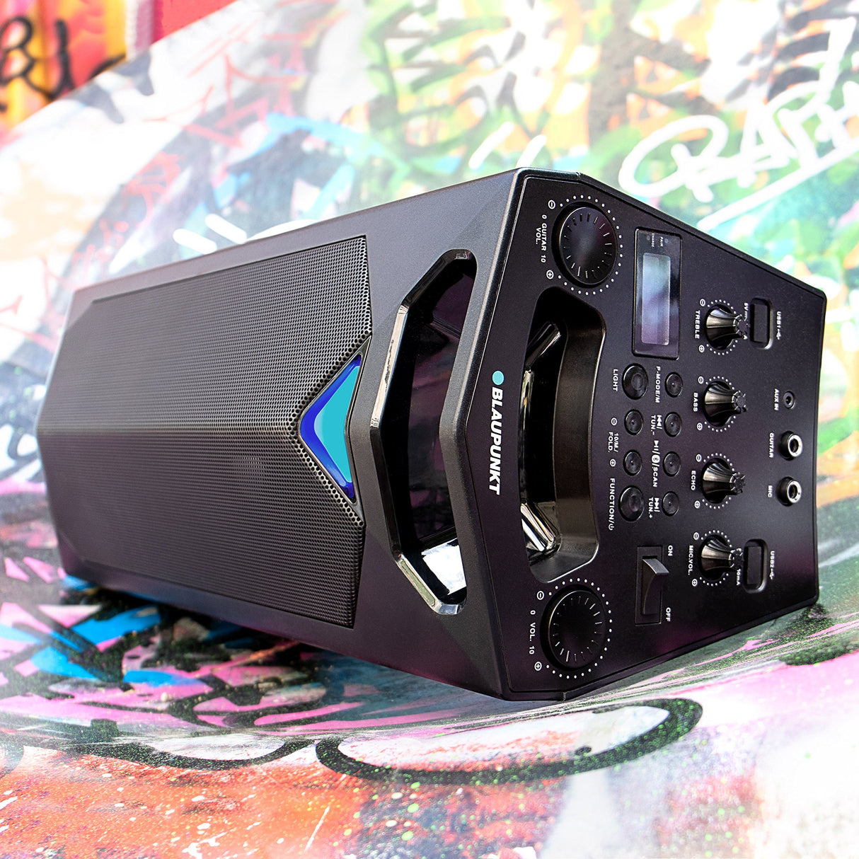 Blaupunkt PS 500 - Altavoz de Fiesta con batería integrada, 40 W RMS, Bluetooth, USB, Entrada Auxiliar, Radio FM, Entrada de Guitarras y micrófono, función de Eco, Caja de música con Efecto de luz,
