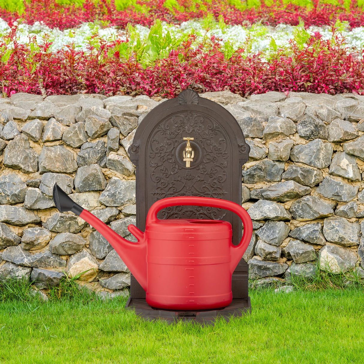Relaxdays Fuente de Agua, Estilo Antiguo, Diseño con Ornamentos, Decoración Jardín, Terraza, Grifo, 73x39x32 cm, Marrón, Aluminio