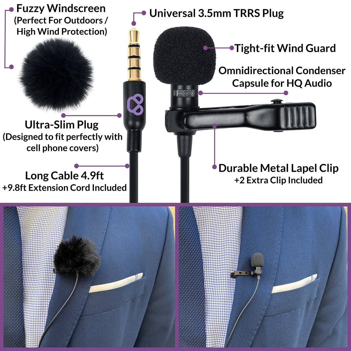 Purple Panda Kit de micrófono de Solapa Lavalier de Doble entrevista (2 Unidades) para Podcast, micrófono Profesional omnidireccional con Clip, Compatible con iPhone, Android, cámara DSLR, Samsung,