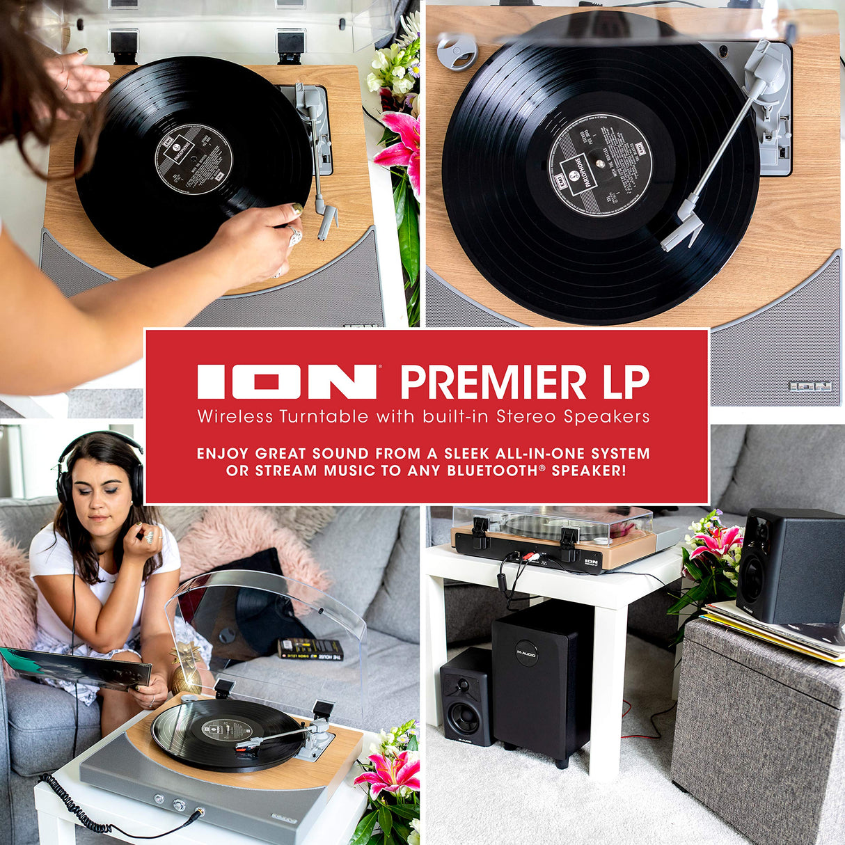 ION Audio Premier LP - Tocadiscos de vinilo Bluetooth, de 3 velocidades, altavoces estéreo, salida USB para convertir vinilos a formato digital, salidas auriculares y RCA, acabado en madera natural
