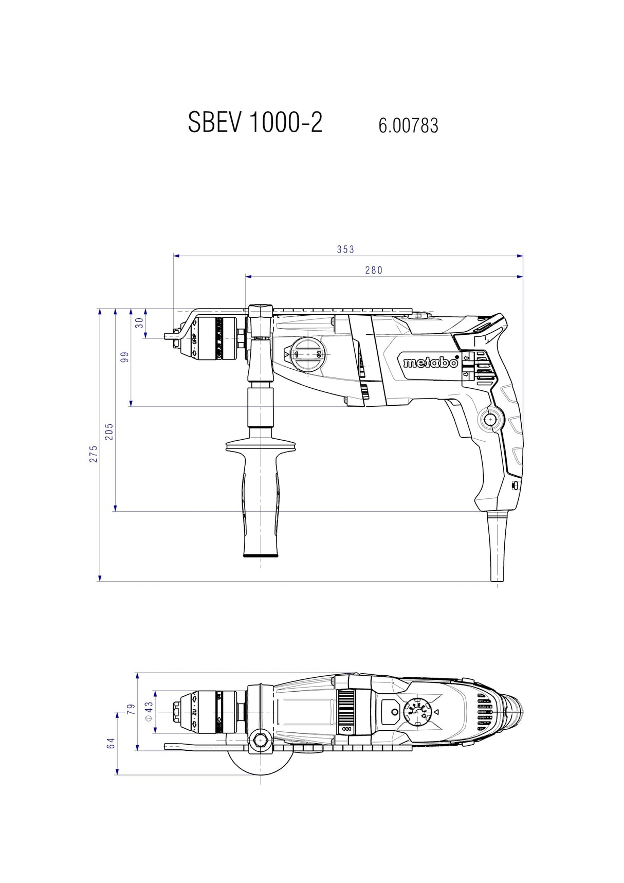 METABO 600783500 - Taladro percutor Eléctrico con cable SBEV 1000-2 (portabrocas Futuro Plus) 1000W con maletín