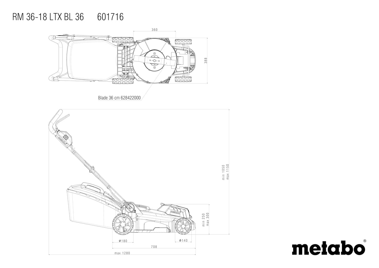 Metabo Cortacésped a Batería 18V RM 36-18 LTX BL 36 - Incluye 2 Baterías, Cargadores y Función Mulching - Ideal para Jardines de hasta 350 m²