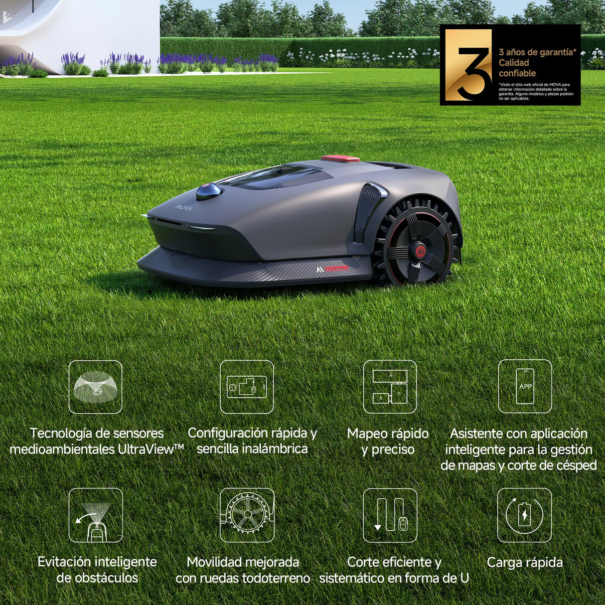 Mova 1000 Robot Podador, Configuración Inalámbrica UltraView™ y Mapeo Preciso de hasta 1000 m², Evasión de Obstáculos Inteligente, Ruedas Todoterreno Mejoradas, Corte en Forma de U, Carga Rápid