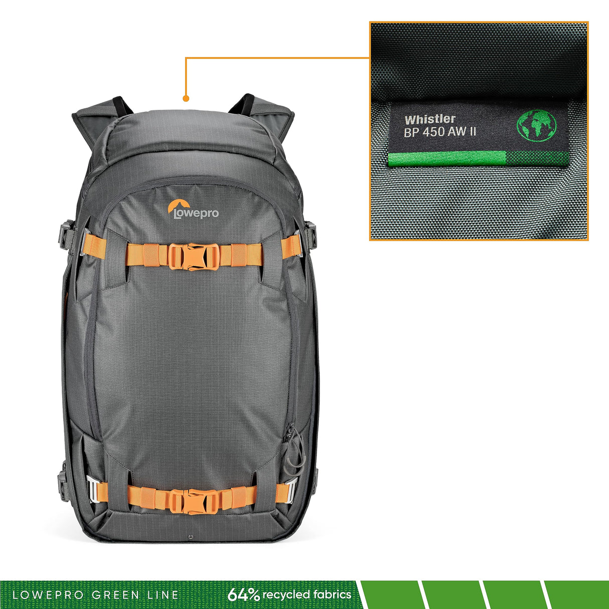 Lowepro Whistler 450 AW II, Mochila Fotográfica, Todo el Año, Tejido Reciclado, Todos los Clima, para Profesionales,Espacio para Portátil de 15", Almohadillas Insertables, Cámara Mirrorless/DSLR, Gris