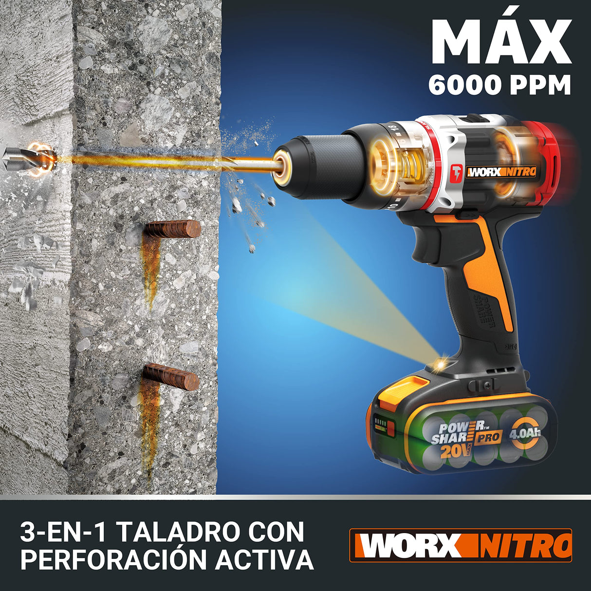 WORX Taladro Percutor Slammer Brushless 20V | PowerShare | WX354 | 2 baterías 2Ah y cargador | Perfora hormigón, motor sin escobillas, velocidad variable, ajustes de par 18+1+1 | Percusión activa