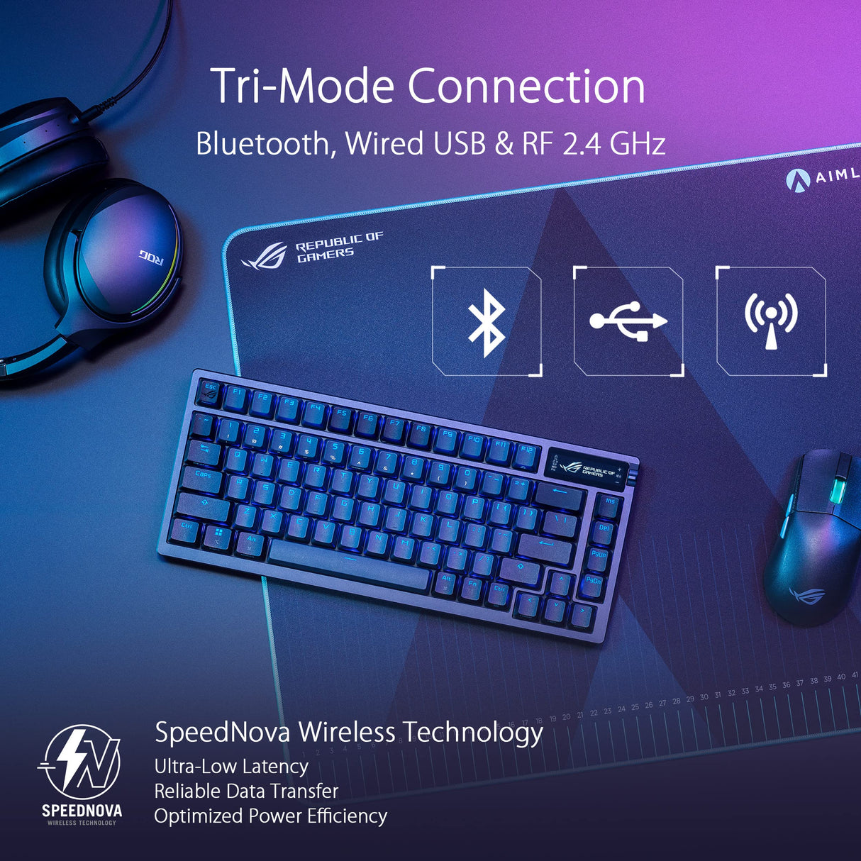 ASUS ROG Azoth - Teclado Mecanico Gaming 75%, Cubierta Metálica, Switch ROG NX Red lubricados, ABS, Kit de Lubricado, IR, BT y USB-C, Pantalla OLED, Tres Alturas y Compatible con Mac - QWERTY español