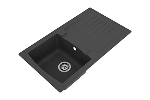 Respekta Boston Fregadero de Mineralite en gris hormigón/Fregadero empotrado de 1 cubeta de 86 x 50 cm/Apto para bases a partir de 45 cm de ancho