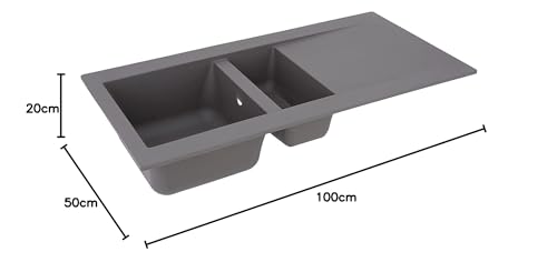 Respekta Denver Fregadero Mineralite de material compuesto en gris hormigón/Fregadero empotrado de 1,5 cubetas de 100 x 50 cm/Apto para bases a partir de 60 cm de ancho