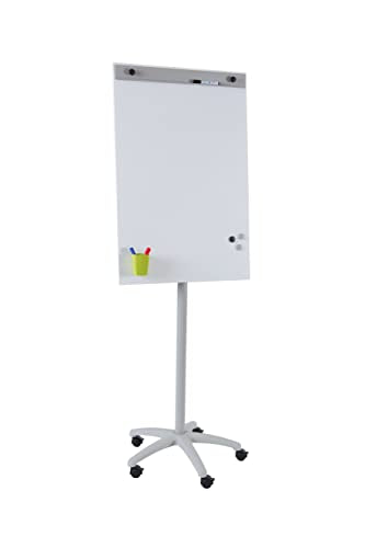 Rocada, Flipchart - Soporte sobre ruedas, 67 x 62 x 181 cm, rotafolio económico con soporte para papel y base de estrella, se limpia en seco, color blanco
