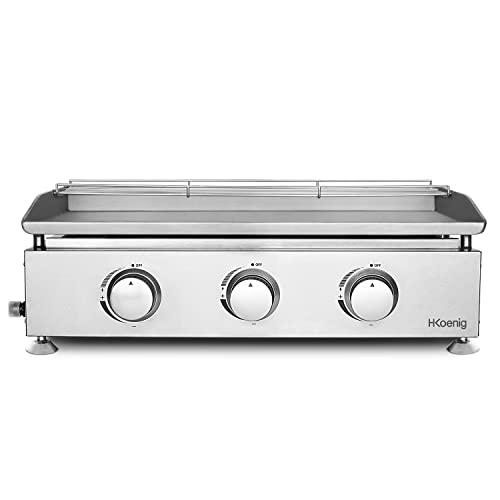 H.Koenig Plancha de asar a gas PLX930 3 quemadores U Acero inoxidable, Alimentación de gas propano o butano, Distribución uniforme del calor, Temperatura regulable hasta 350°C, Pies antideslizantes