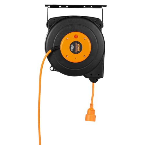 VEVOR Carrete de Cable de Extensión Retráctil 15 m 1600 W con Cable de Alimentación de 1 m Protección contra Sobrecalentamiento Carcasa de PP, Soporte Giratorio de 180° para Montaje en Techo, Pared