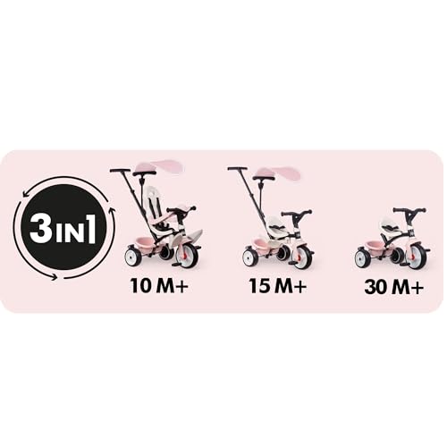 Smoby Triciclo Baby Balade Rosa Progresivo 3 en 1 - Freno, Asiento Ergonómico, Parasol Anti-UV, Ruedas EVA, para niños a Partir de 10 Meses (7600741404)