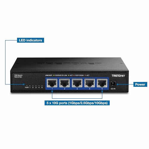 TRENDnet, TEG-S750, Conmutador de 5 Puertos 10G, 5 Puertos 10G RJ-45, Capacidad de conmutación de 100 Gbps, admite Conexiones 2.5G y 5G-Base-T, Negro