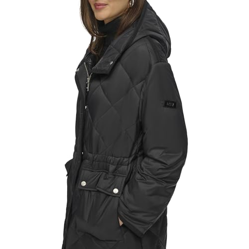 DKNY Button Down Long Quilted Coat Colcha, Black, XS De Las Mujeres