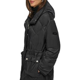 DKNY Button Down Long Quilted Coat Colcha, Black, XS De Las Mujeres