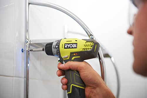 RYOBI - Taladro Atornillador 12V, 2 Velocidades, Par Máximo 30 Nm, 24 Posiciones - Portabrocas 10mm - LED - 2 Baterías de Litio 2,0 Ah - 1 Cargador - Se Entrega con Bolsa de Transporte - R12DD-220