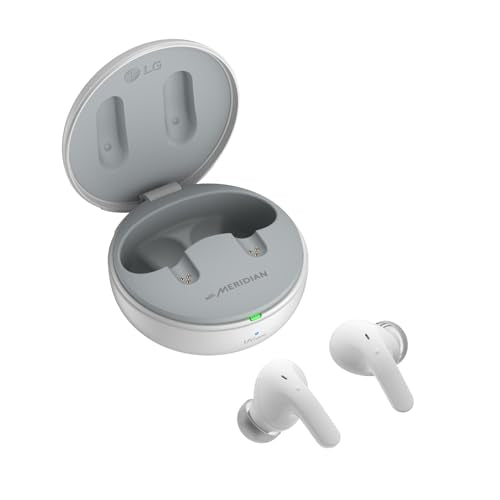 LG Electronics Auriculares Tone Free DT80Q, Bluetooth 5.2 con Sistema de Sonido Meridian y Función de Carga Rápida, Blanco